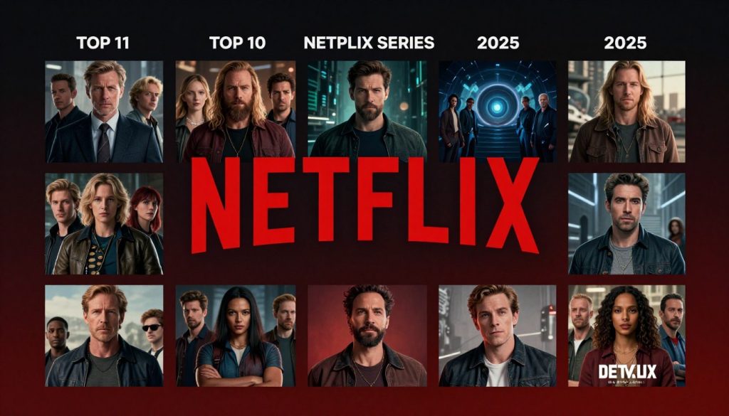 شعار نتفلكس مع مجموعة من أفضل عشر مسلسلات على نتفلكس في 2025